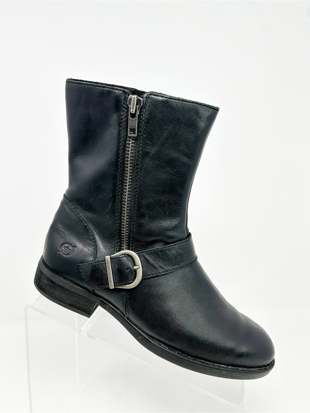 Born Women's Mid-Calf Moto Biker Boots Black Side Zip Buckle Strap Low Size 6.5